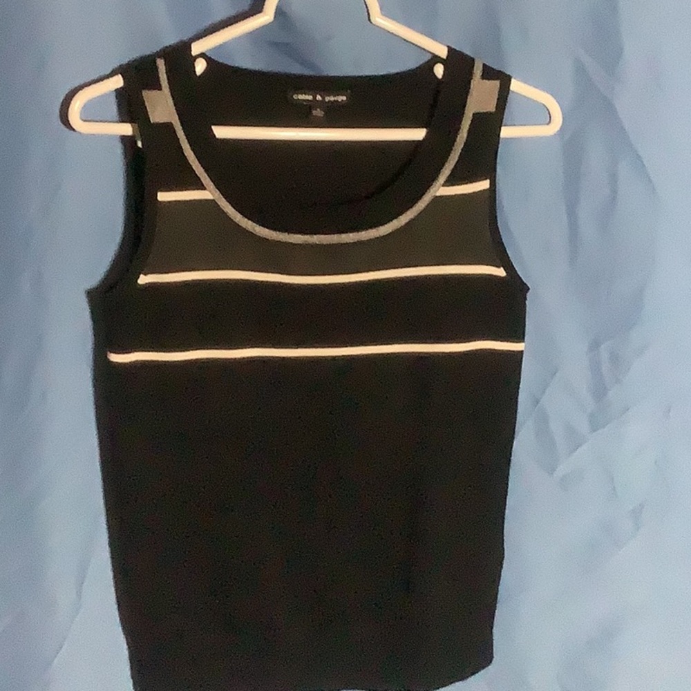 Cable & Gauge Black Sleeveless Top with White Stripes Charcoal and Gray.